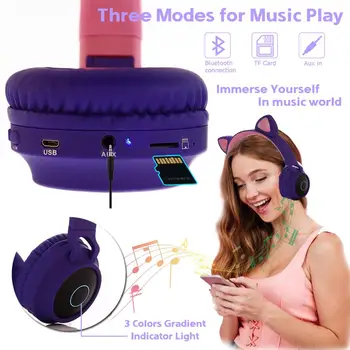 JINSERTA Bluetooth 5.0 Stereo Kaķu Ausu Austiņas Bērniem, Austiņas Spēļu Austiņas 3 Krāsu Mirgo Kvēlojošs Austiņas Ar Mikrofonu