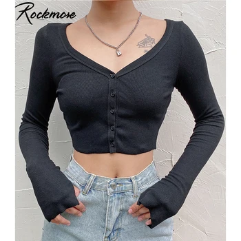 Rockmore Harajuku Trikotāžas T Krekls Ar Garām Piedurknēm Sievietēm Dziļu V Sexy Krekls Ar Garām Piedurknēm Kultūru Tops Ar Pogu Sieviešu Apģērbu 2019