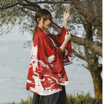 Japāņu Stila Sieviete Ukiyo-e Kimono Jaka Sarkana Purpura Haori 2020. Gadam Tradicionālo Yukata Harajuku korejiešu Kleita Āzijas Apģērbu