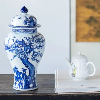 Jingdezhen puses-zili un balti porcelāna vispārīgi tvertnes, ornamentu, antikvariāts, plūmju ziedu rakstu jar mājas apdare jar