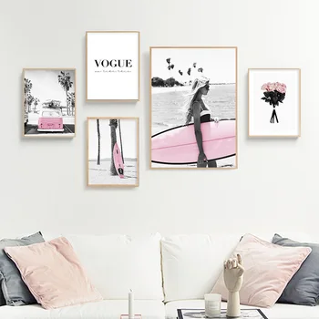Pludmales Rozā Vējdēlis Ainavu Modes Plakāta Ziemeļu Sienas Mākslas Audekls Drukāt Vogue Krāsošana Mūsdienu Meitenes Telpu Dekorēšana Attēlu