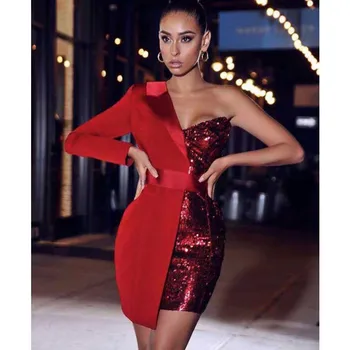 Vairumtirdzniecības 2020 sievietes kleita sarkanā Zelta, sudraba Vizuļi Viens-plecu Sexy celebrity boutique kokteilis puse kleitas
