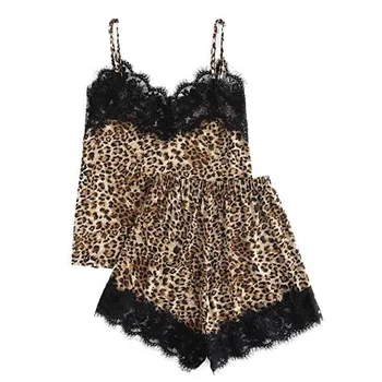 Modes Sievietes, Seksīgas Pidžamas Komplekts Leopards Drukāt Sleepwear Sievietes Bez Piedurknēm Siksniņa Naktsveļu Satīna Cami Top Šorti Komplekti Pijama Mujer