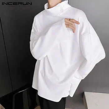 Cilvēks korejiešu Stilā, Pogas Camisetas INCERUN Vīriešu T-Krekli vienkrāsainu Modes garām Piedurknēm Tees Gadījuma augstu uzrullētu apkakli Mīksti Topi 5XL 7