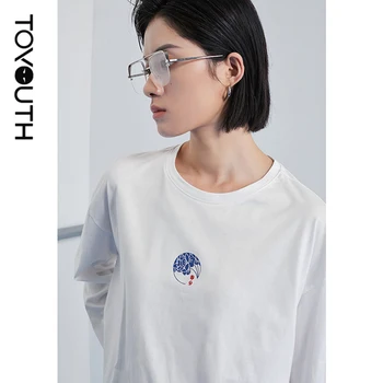 Toyouth Drukāt Top Apaļu Kakla Zila Balta Long Piedurknēm Gadījuma T-krekls