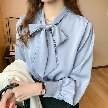 Satīna Priekšgala Šifona Blūze Sievietēm Ir 2021. Pavasara Modes Korejas Topi Brīvs Krekls Ar Garām Piedurknēm Baltā Zilā Birojs Dāmu Apģērbu 10691