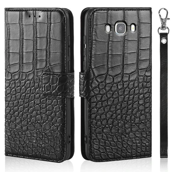 Luksusa Flip Case for Samsung Galaxy J7 2016 J710F J710 J710H Vāciņu, Krokodila Ādas Tekstūru Grāmatu Dizaina Tālrunis Coque Capa Ar