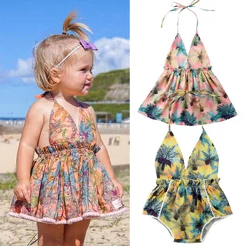 Jauno Modes Bērniem, Baby Girl Apģērbu Boho Ziedu Backless Romper Kleita Sundress Sunsuit Apģērbs Apģērbs