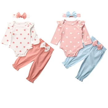 3pcs Jaundzimušo Bērnu, Meiteņu Apģērbu Komplekti, no 0-18m ar garām Piedurknēm Topi Romper Ziedu Bikses Galvu Tērpiem Kopumu Apģērbu 0 Līdz 18 Mēnešiem
