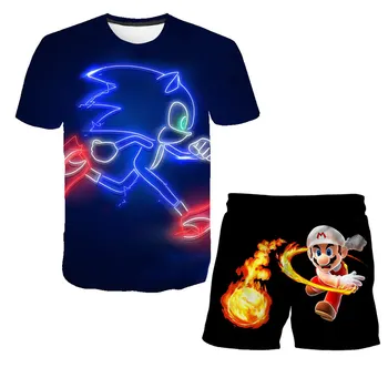 Vasaras Drēbes, Bērnu Kostīmi Karikatūra 3D Iespiesti Sonic Ezis t - krekls Gadījuma Zēni Meitenes FashionT Krekls, Bikses, 2gab/set Toddler