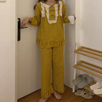Princese Stils Sievietēm Pijamas Vintage Loku Gudrs Pleds Sleepwear Uzstādīt O-veida kakla garām Piedurknēm Topi+Bikses Žakarda Lolita Homewear S928