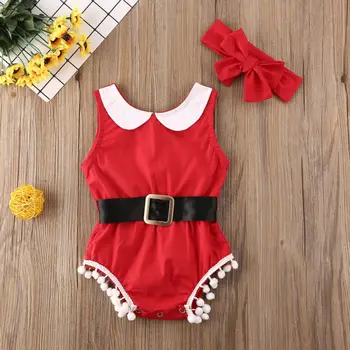 0-24M Ziemassvētku Baby Girl Apģērbu Tassle bez Piedurknēm Romper ar Jostu ap Galvu stiprināmas Ziemassvētki Puse Apģērbs Santa Kostīms Dropshipping 2020