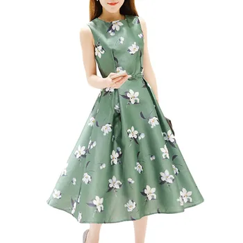 Jaunas Vasaras Elegants Ziedu Drukāt Augstā Vidukļa Vintage Bez Piedurknēm Formālā Puse Kleita Vestidos Sieviešu Retro Balts Zaļā Kleitas