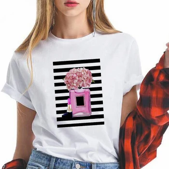 Grafikas Tees Sieviešu Ziedu Smaržu Pudeles Drukāt Vogue T krekls ir 2021. jaunpienācēji Īsām Piedurknēm labklājību Vasaras Ropa Tumblr Mujer