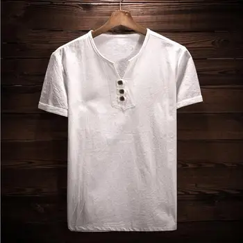 Karstā Pārdošanas 2020. Gada Vasaras vintage zīmolu vīriešu krekls, liela izmēra vīriešu v-apkakli, īsām piedurknēm, kokvilnas, linu krekls plus lieluma apģērbu