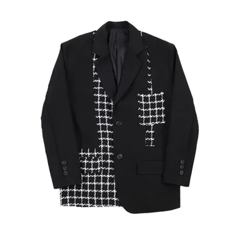 Vīrieši Vintage Pleds Salaist Zaudēt Gadījuma Uzvalks Jaka Vīriešu Japāna Harajuku Streetwear Uzvalks, Žakete Mētelis Virsdrēbes Skatuves Šovs Drēbes