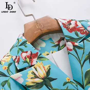 LD LINDA DELLA Skrejceļa Dizaineru Rudens Modes Bikses 2 Gabali Sievietes Tērps ar garām piedurknēm Ziedu drukāt Žaketes Mētelis un Bikses Kopa