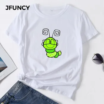 JFUNCY Plus Izmēra 5XL Vasaras Sieviešu Kokvilnas T Krekls Karikatūra Caterpillar Drukāt Grafiskais T-krekls ar Īsām Piedurknēm, Sieviešu Topi 