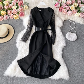 Biroja Dāmas Midi Kleita Rudens Mežģīņu Raibs Augsto Vidukli, Sieviešu Melns Vērtnes Kleitas OLA Jaunu Modes Vestidos Tērpu Kritums 2020