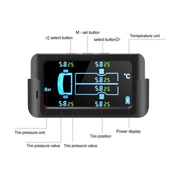 Auto Saules Smart TPMS Riepu Spiediena kontroles Sistēma ar Ciparu LCD Displejs Apsardzes Signalizācijas 6-Riteņu Sensori 122PSI 8.5 Bar
