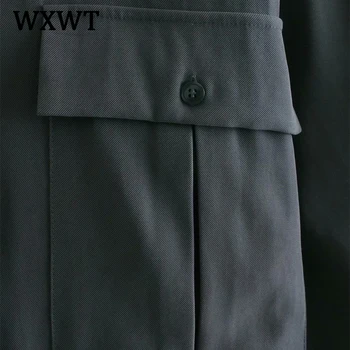WXWT Modes Sieviešu Cietā Kabatas Rotā Īss Krekls ar garām Piedurknēm Savukārt-Apkakle Ir 2021. Pavasara Jaunās Dāmas Gadījuma Blūzes, Topi