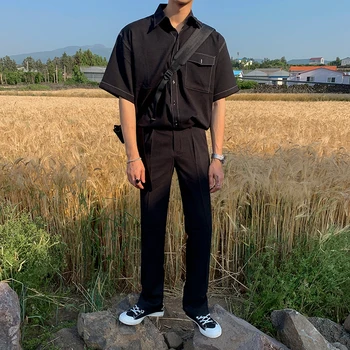 IEFB /vīriešu apģērbi īss piedurknēm krekls vīriešu korejas modes Japāņu melns balts krekls dubultās kabatas gadījuma visu maču galotnēm 9Y2245