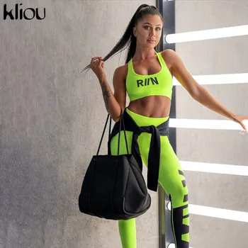 Kliou sieviešu fitnesa divi gabali uzstādīt neona krāsas sporta tvertnes augšpusē krūšturis ar kausiem apģērbs 2019 izdilis augsto vidukli, stulpiņi tracksuit