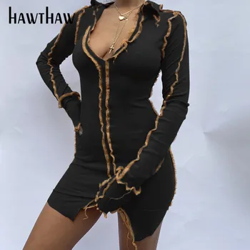 Hawthaw Sieviešu Modes Garām Piedurknēm Rudens V Kakla Raibs Bodycon Izdilis Mini Pakete Hip Īsu Kleitu Sexy 2021. Gada Rudenī Drēbes