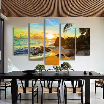 Mūsdienu Mājas Sienas Mākslas Dekoru Moduļu Audekls Oil HD Attēlus Drukas Glezna 5 Panelis Ocean Sunset Beach Ainava Plakāts