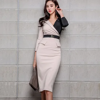 Korejas Oficiālu Sieviešu Biroja OLA Zīmulis Kleita 2019 Biznesa gada Pavasarī Kontrasta Krāsu Salikuma V veida Kakla Kleita Slim Bodycon Apvalks Kleita