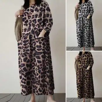 Ir 2021. Rudens garām Piedurknēm Sundress ZANZEA Sievietes Puses Sen Maxi Kleita Gadījuma Leopards Izdrukāt Vestidos Sieviešu Drēbes Plus Izmēra 5XL