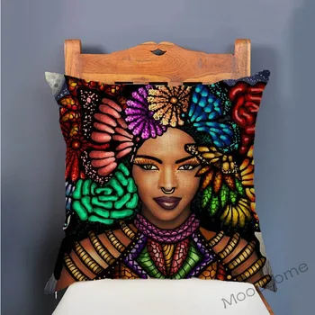 Krāsains Āfrikas Karaliene Meitene Saskaras Ar Mākslas Krāsošana Dekoratīvie Dīvāns Mest Spilvens Gadījumā Kokvilnas Veļa Eksotisko Etnisko Stilu Spilvena Vāka