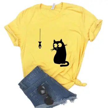 Kaķis Un Zivis Drukāt Sieviešu Tshirts Kokvilnas Gadījuma Smieklīgu t Kreklu, Lai Dāma Yong Meitene Top Tee 6 Krāsu Piliens Kuģa NA-951