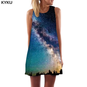 KYKU Zīmola Galaxy Kleita Sievietēm Kosmosa Puse Meža korejiešu Stilā Miglājs Boho Harajuku Sundress Sieviešu Apģērbu Pušķis