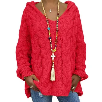 Kapuces Džemperis ar garām Piedurknēm Džemperis Sieviešu Ziemas tīrtoņa Krāsas Plus Lieluma Mīksti Adīts Džemperis Vintage krustām šķērsām Džemperis Topi