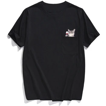 Vīriešu T Krekls Modes Zīmolu vasaras kabatā Sarkans kaķis iespiests t-kreklu apdruka vīriešu sieviešu krekli Hip hop topi smieklīgi kokvilnas t-veida