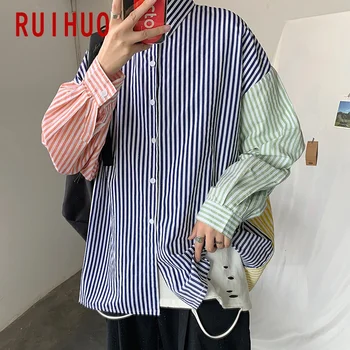 RUIHUO Svītrainām Krekli Vīriešu Apģērbu korejiešu Stila Vīriešu Krekls ar garām Piedurknēm Harajuku Svītrainām Krekls Vīriešiem Topi 2XL 2021. gada Pavasarī