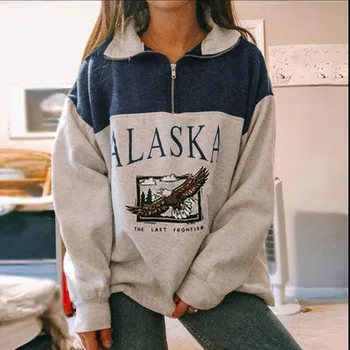 Vintage Hoody Modes Sieviešu Kokvilnas Stand Apkakli Pusi Rāvējslēdzēju Alaska Burtu Drukāšanas Garām Piedurknēm Krekli Ikdienas Zaudēt Hoodies