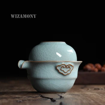 Kung Fu Tējas komplekts Ietver 1 Pot 1 Tase Elegants Gaiwan Skaistu tējkanna tējkanna Kafijas Tasi Ķīnas Longquan zaļpelēka krāsa Porcelāna Tējas Katls