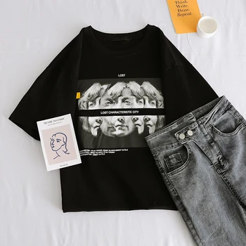 Vasaras gadījuma zaudēt Sieviešu T-krekli Ulzzang Streetwear raksturs drukāt vintage T korejiešu Stilā Top melns t krekls ar īsām piedurknēm