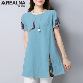 Korejiešu Stilā, Vasaras Izšuvumi Blūze, Krekls Sieviešu Modes Plus Lieluma Īsām Piedurknēm Kokvilnas Veļu, Zils Zaļš Sieviete Topi Lielu Tunikas