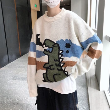 Apaļa Kakla Zaudēt Dinozauru Džemperis 2019 Rudens Korejiešu Stilā, Adīšanas Vilkt Džemperi, Vīriešu Harajuku Gadījuma Outwear Vīriešu Apģērbu,