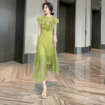 2020. Gada Vasaras Šifona Kleita Sievietēm Stāvēt Ruffles Zaļā Midi Polka Dot Kleita Dāmas Gadījuma Zaļā Kleita Eleganta Sieviete Drēbes, Longue