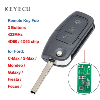 Keyecu Tālvadības Auto Atslēgu Fob, 3 Pogu, 433MHZ 4D60/4D63 Čipu Ford C-Max / - S-Max / Mondeo / Galaxy / Fiesta / Focus - HU101 Asmens