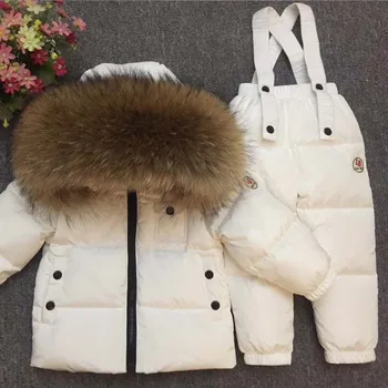 Krievijas Ziemas Leju Tērps Meitenēm Siltās Bērnu Ziemas Kostīmi Zēniem Pīļu dūnu Jaka+(dungriņi) 2 Gab Apģērba Komplekts Bērniem Sniega Valkā