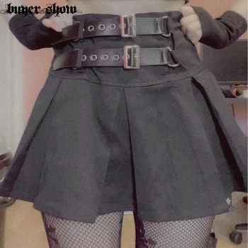 Goth Tumši Seksīgs Gotu Mini Svārki Melnā Grunge Punk Stila Kroku Augsta Vidukļa Sieviešu Svārki Ar Kniežu Raibs Modes Partywear