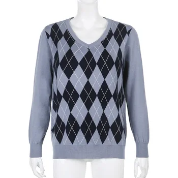 Gadījuma Trikotāžas Džemperis Sievietēm, Apģērbu Y2K Argyle garām Piedurknēm Džemperis Dāmas Rudens Ziemas Preppy Stils Brīvs Džemperis Trikotāžas