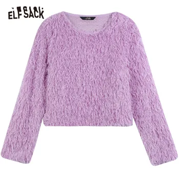 ELFSACK Purple Lavender Spalvu Pušķis Ikdienas Džemperis sporta Krekls Sievietēm,Ir 2021. Ziemas Vintage korejas Dāmas Ikdienas Samta Augšu