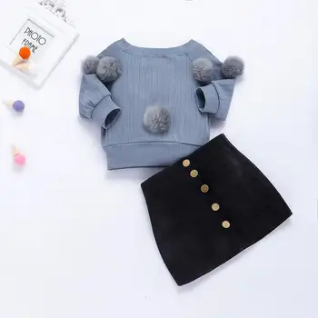 3-7Y 2019 Rudens Toddler Bērnu Bērni Meiteņu Apģērbu Komplekti ar garām Piedurknēm Hairball Adīt Topi, Džemperi+Pogu, Mini Svārki Silts Apģērbs, Komplekts