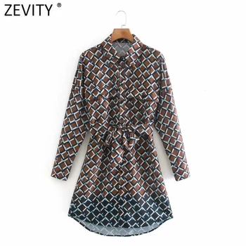 Zevity Jaunā Sieviešu Vintage Kontrasta Krāsu Ģeometriskā Drukāt Krūtīm Kreklu Mini Kleita Dāmas Kabatas Plāksteris Šiks Vērtnes Vestido DS4762